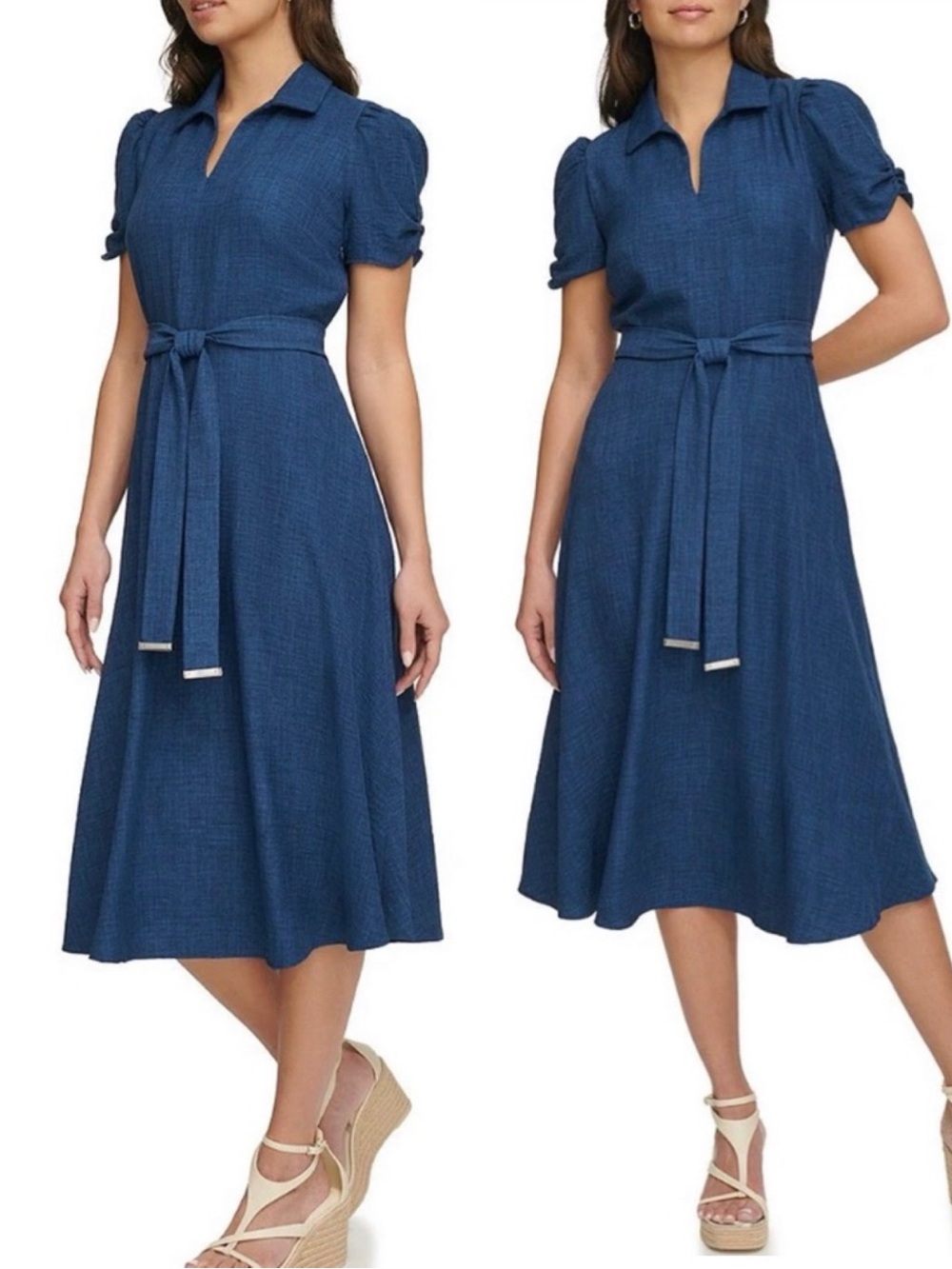 NWT DKNY Chambray Belted Puff-Sleeve Midi Dress - Size 8